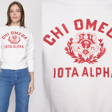 Small 1950s Chi Omega Sorority Champion Sweatshirt | Vintage 50s White College Cropped Crewneck Sweatshirt 