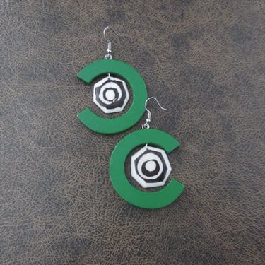 Wooden and carved bone earrings, geometric earrings, green earrings 
