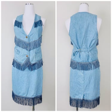1980s Vintage David David Light Wash Denim Set / 80s Fringe Studded Vest and Mini Skirt Outfit / Size Small - Meidium 