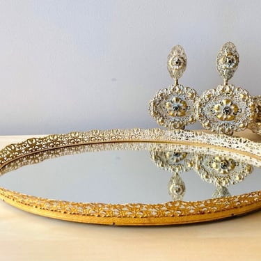 large gold oval vintage vanity mirror tray 