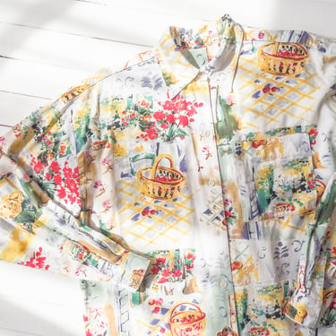 cute cottagecore blouse | 80s 90s vintage white cotton picnic basket floral novelty print long sleeve shirt 