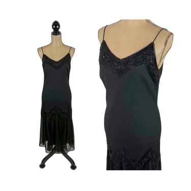 M 90s Beaded Black Chiffon Cocktail Dress Medium, Bias Cut Spaghetti Strap Formal Party Evening Wear, 1990s Clothes Women Vintage CHADWICKS 