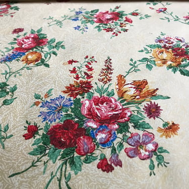 Printed Floral Wallpaper, 1930s French, 1 Used Roll, 16 Feet, Vibrant Colors, Remnant For Projects 