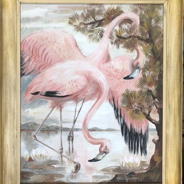 Vintage Post War Airbrush Tropical Flamingo by Margeo Alexander 