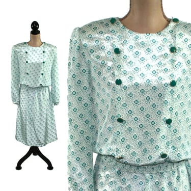 80s RICHARD FELDMAN 2 Piece Skirt and Top Set | Green Floral Satin Long Sleeve Midi Modest Polyester - 1980s Clothes Women Vintage Medium 