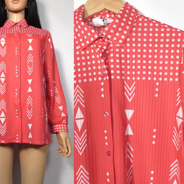 Vintage 70s Abstract Print Pink Button Up Blouse Size L 