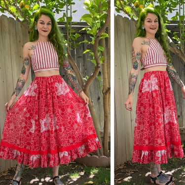 Vintage 1970’s Red Floral Fit and Flare Skirt 