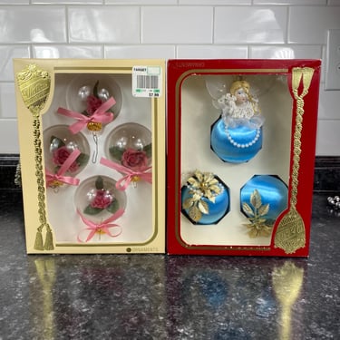 Vintage Blue Embellished Satin Ball Ornaments, Clear with Pink Roses, Bows,  Satin-Sheen Christmas Tree Ornaments, The Victorian Collection 