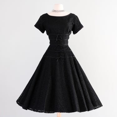 Vintage 1950's Black Tiered Lace &amp; Satin Bows Party Dress  / SM