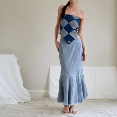 cornflower blue long denim twill panel fishtail skirt / 34w 