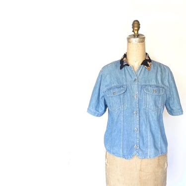 80s denim short sleeve with floral collar 