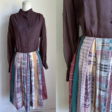 Vintage 1970s Brown Plaid Sheer Dress / M 