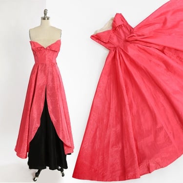 Vintage 50s pink satin bustier open skirt dress 