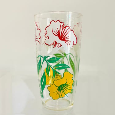 Vintage 1960s Retro Kitsch Hibiscus Flower Decal Ice Tea Drink Glass Tumbler 12 ounce 