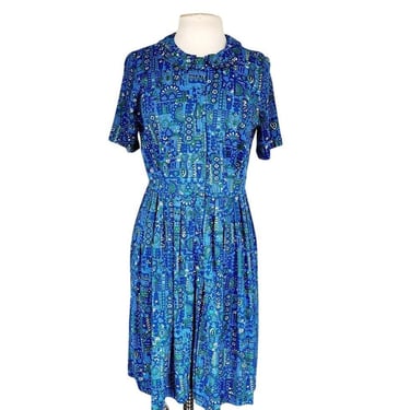 Vintage 60s Blue Dress Novelty Print Flower Power / Shelton Stroller / M 