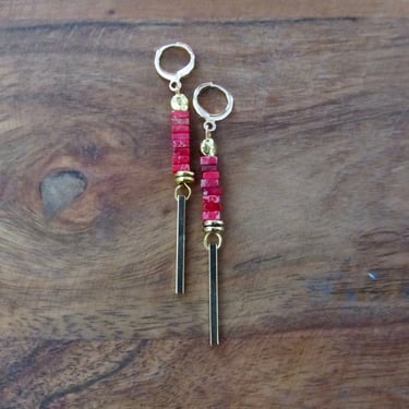 Minimalist red imperial jasper earrings, gold 
