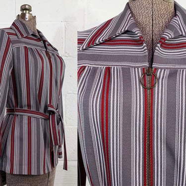 Vintage Striped Blouse Tunic Burgundy Gray Maroon Long Sleeves Mod Belted O Ring Zipper 1970s 70s Medium 