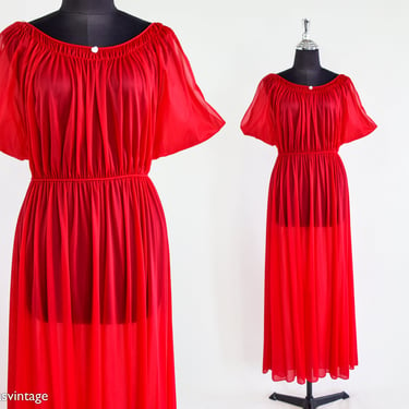 1970s Red Nylon Nightgown | 70s Red Long Nightgown | 70s Red Sheer Maxi Dress | Vanity Fair | Medium 