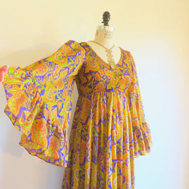 1970's Psychedelic Purple Green Yellow Paisley Print Maxi Dress Bell Sleeves Smocking Bust Hippie Boho Festival Size Small 