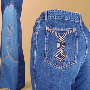 1970s Faded Glory jeans vintage side saddle moderate bell bottoms hippie boho decorative stitching 5 pocket high rise (30 x 37) 