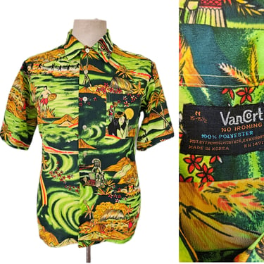 1960's Van Cort Green Poly Tiki Girl Polynesian Hawaiian Button Down Shirt I Sz Med 