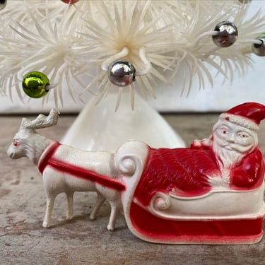 Celluloid Santa In Sleigh With Reindeer, Vintage Christmas, Irwin Plastics Corporation, Small Santa In Sleigh, 1940's 