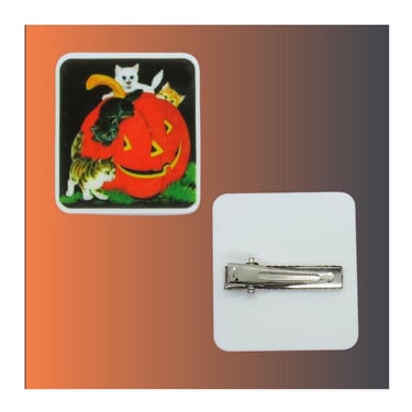 Halloween Hair Clip - Cute Jack-o-Lantern Pumpkin & Kittens Barrette - Retro Vintage Style 