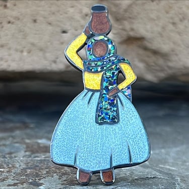 Margot de Taxco Vintage Sterling and Colorful Enamel Woman in Blue Dress Carrying a Pot on Her Head 