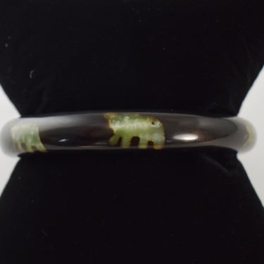 70's sparkly inlaid elephants boho bangle, unusual swirled black resin green ghost elephants hippie bracelet 