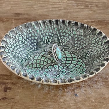Ceramic Trinket Bowl, Vintage Decorative Ring Dish, Teal and Black Textured Pottery Plate 