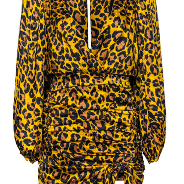 Ronny Kobo - Tan Leopard Print Deep V-Neckline Ruched Dress Sz M