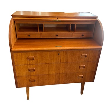 Secretary Desk with Roll Top &#8211; 3 Drawers &amp; Legs<br />Teak<br />34.75&#8243; x 18.5&#8243; x 38.25&#8243;