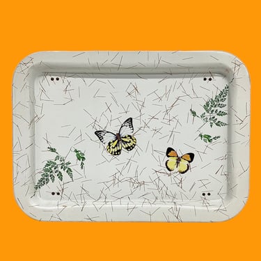 Vintage Lap Tray Retro 1960s Mid Century Modern + White Metal + Butterflies + Folding Legs + TV Tray Table + Butterfly Decor + Dinner Tray 