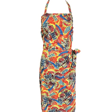 1950s Hawaiian Multi-Color Novelty Halter Sarong Dress
