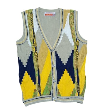 Vintage 90's Coogi Style Cardigan Vest Sleeveless Sweater | Cable Knitted Sweater | Textured Abstract Pattern | Cosby Biggie Streetwear 