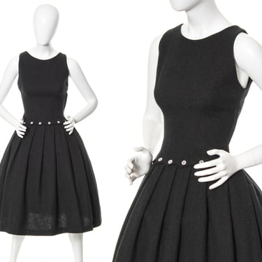 Vintage 1950s Dress | 50s Wool Dark Grey Gray Drop Waist Pleated Full Skirt Pinafore Fall Winter Warm Dress (x-small/small) 