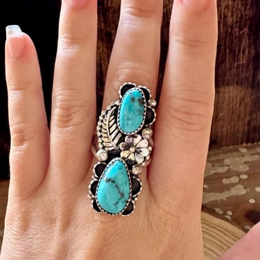 VINTAGE DOUBLE DECKER Turquoise and Sterling Silver Ring | Native American Navajo Southwestern Jewelry | S, Sterling Hallmark | Size 9 1/4 