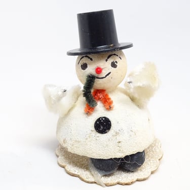 Vintage Spun Cotton Snowman with Pipe for Christmas, Black Top Hat, MCM Retro Holiday Decor 