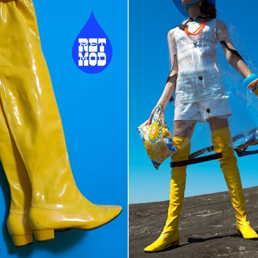 US 6.5/7 - SPACE AGE Vintage 60s 70s Yellow Vinyl Wet Look Over-the-Knee Thigh Boots 