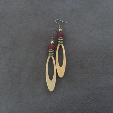 Long wood earrings, bold statement earrings, Afrocentric African earrings, geometric earrings, rustic natural earrings, bohemian, red 