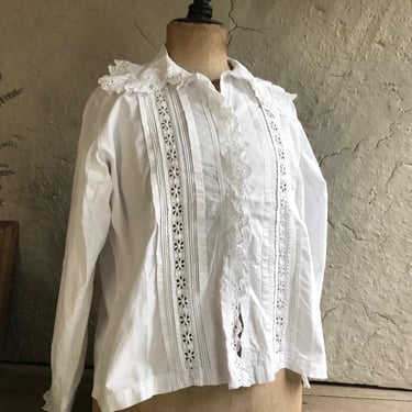 French Cotton Blouse, Chemise, Ruffle Collar Sleeves, Broderie Anglaise, Embroidery, Lawn Work, Lace 