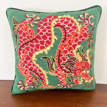 Green Square Dragon Needlepoint Throw Pillow. Asian Chinoiserie Embroidered Decorative Pillow. 
