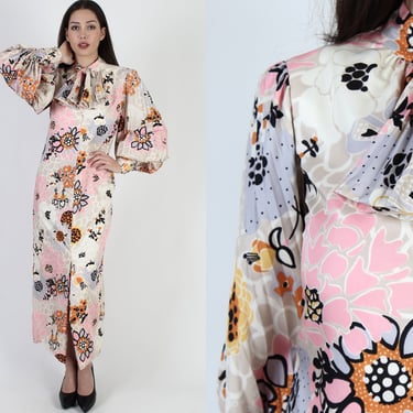 1960s Leo Narducci Designer Floral Dress, Vintage Colorful Pussybow Collar, Avant Garde Balloon Sleeve Hostess Party Maxi Gown 