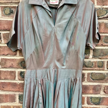 Vintage 1950s Iridescent Collared Cocktail Shirtdress Pleated Medium Large by TimeBa
