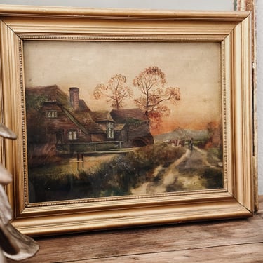 Original Antique European Oil Painting, Rural Cottage Scene by R.Nolde 