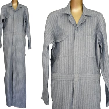 Vintage 70s Blue Striped Coveralls, 1970s Mechanics Overalls, Striped Herringbone Workwear, Flight Suit Boiler Suit, Size Large to XL 