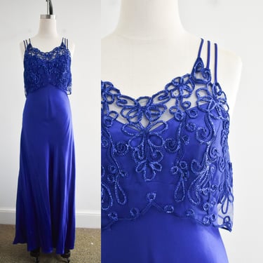 1990s Blue Satin Bias Evening Dress 