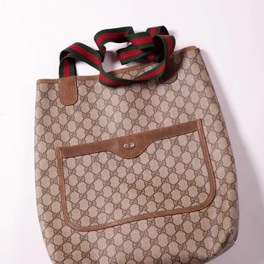 GUCCI Vintage 1980s Jumbo GG Interlocking Web Canvas + Leather Stripe Tote Bag Monogram Shoulder Bag Carryall Accessory Collection 