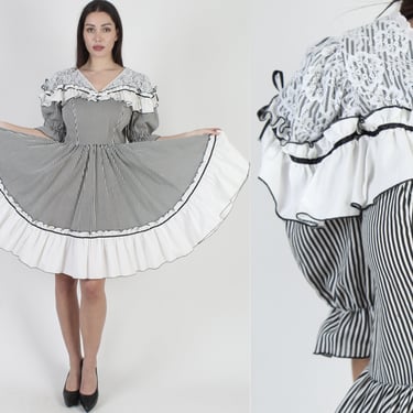 Black Western Honky Tonk Dress / 70s White Striped Square Dancing Dress / Womens Ruffle Full Circle Tiered Skirt 