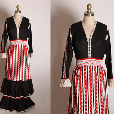 1960s Black, Red and White Full Length Tiered Ruffle Hem Lace Trim Geometric Spanish Cottagecore Prairie Dress by Georgia Charuhas -M 